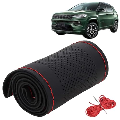 Image of KINGSWAY PU Leatherite Car Steering Cover Sewable Compatible with Jeep Compass (Year 2021 Onwards), Black Color with Red Thread, Pack of 1 with Sewing Needle and Thread