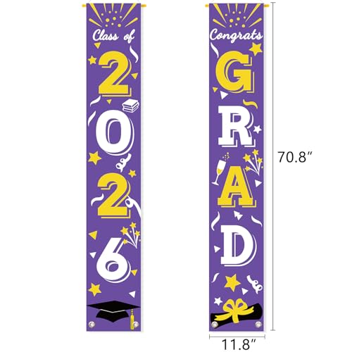 Image of Graduation Porch Banner Class Sign Congrats Grad Hanging Flags High School College University Party Decoration For Front Door Outdoor Purple Gold