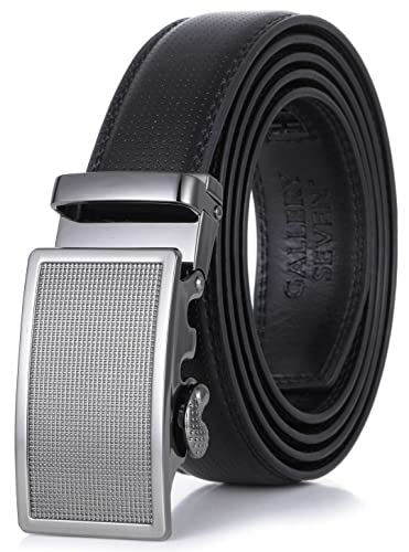 GALLERY SEVEN Mens Leather Ratchet Belt - Beveled Plaque - Obsidian - Adjustable from 28