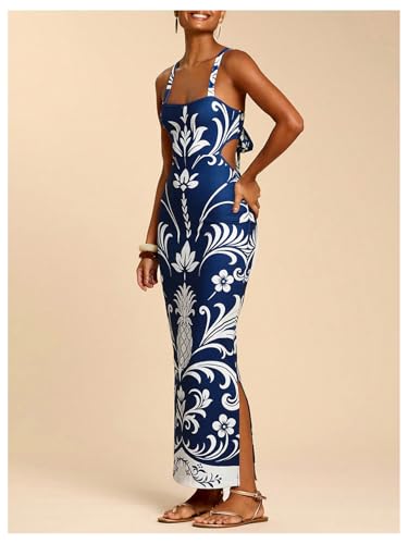 Image of Floerns Women's Tropical Bow Tie Back Long Dress Sleeveless Maxi Dress | Hawaiian Resort Wear, Coastal Vacation, Beach Wedding Guest, Side Slit, Spring Break Outfits