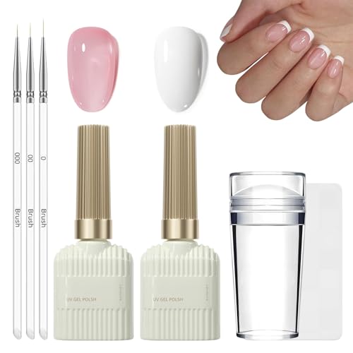 French Manucure Jelly Nude & White Kit de vernis à ongles en gel UV avec 3 brosses à ongles et tampons à ongles, vernis à ongles UV Soak Off pour tampons français...