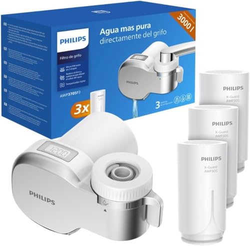 Philips Filtro de agua Ontap MICROFILTRACIÓN con PANTALLA DIGITAL y 3 cartuchos de repuesto, filtra sedimentos, cloro y otras sustancias que alteran el sabor, capacidad de filtración de 1000 L