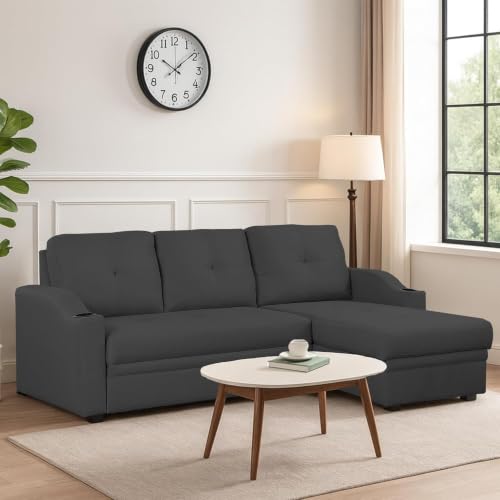 Image of Casaliving Ravonna RHS 4 Seater L Shape Corner Sofa Cum Bed for Living Room (Black Fabric) Premium Fabric Sofa