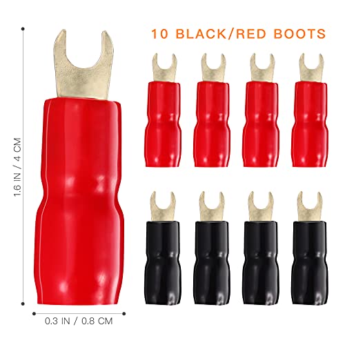 10 Pairs Copper Gold Plated 4 Gauge Strip Spade Terminal Spade Fork Adapters Connectors Plugs Crimp Barrier Spades For Speaker Wire Cable Terminal Plug - 4Ga (Red And Black) #TOP4