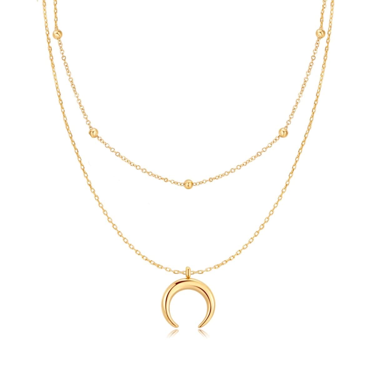 MARLION JEWELS Colgante de mujer original doble cadena con media luna. Cadena de acero quirúrgico bañada en plata/oro para mujer, niña ideal para regalo del día de la madre, cumpleaños, aniversario. Joyeria mujeres