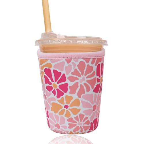 Image of Reusable Insulated Sleeve for Iced Coffee Cup, Coffee Neoprene Sleeve for Cold & Hot Drinks, Beverage Holder for Iced Coffee (Blush Petals, Small: 16-18oz)