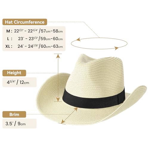 Image of Straw Cowboy Hat for Men Women Western Cowgirl Hats with Shapeable Wide Brim for Beach Sun Summer
