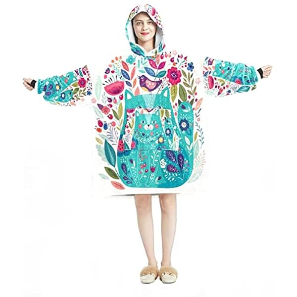 Draagbare deken Hoodie,Oversized Hooded Deken Sweatshirt, Kitty Omringd door Vogels Bloemen Lieveheersbeestjes, Meerkleurig, One Size