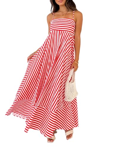 Image of Women Striped Maxi Dress Smocked Backless Spaghetti Strap Long Flowy Dress Sleeveless Boho Aline Sundress