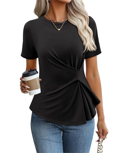 siliteelon Peplum Tops for Women Black Blouses for Women Casual Short Sleeve Crewneck Dressy Casual Elegant Trendy 2026 Business Work Office Spring Summer Large Wrap Tops