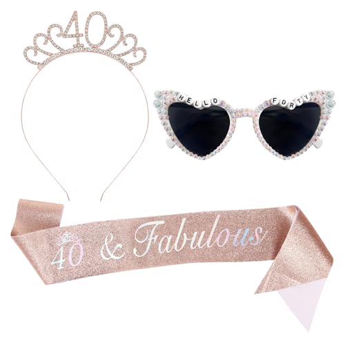 Qwrqwr 40th Birthday Decorations for Her Novelty Birthday-Sunglasses Tiara and Sash Hello Forty Party Eyeglasses Accessories