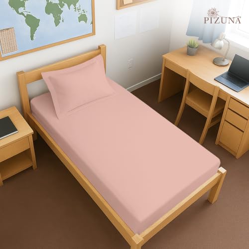 Image of Pizuna 100% Cotton Fitted Bedsheet Single Bed 400 Thread Count Long Staple Cotton Sateen Fitted Bedsheet 40x78 Inch with 1 Pillow Cover, Misty Rose Elastic Fitted Bedsheets Single Bed fits 12 Inch