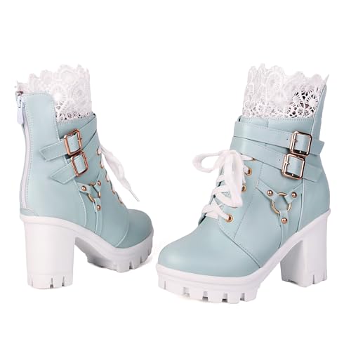Bellirala Women Platform Boots Cute Kawaii Lolita Boots Lace Bow Chunky High Heels Gothic Buckled Platform Ankle Booties Zipper Punk Cosplay Shoes2