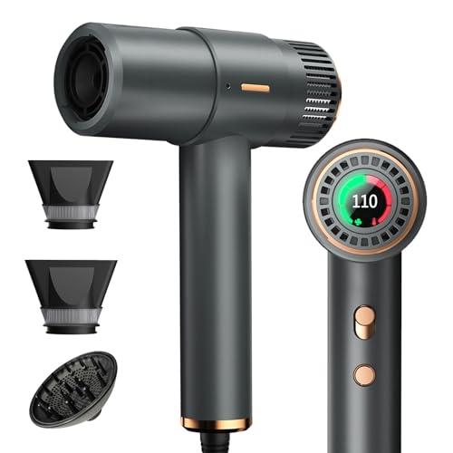 Hair Dryer, 110,000RPM High Speed Blow Dryer, 200 Millions Ionic Hairdryer with HD Display, 2000W Professional Hair Dryers with Diffuser and Nozzle, 4 Temps and 3 Speeds (Gray)