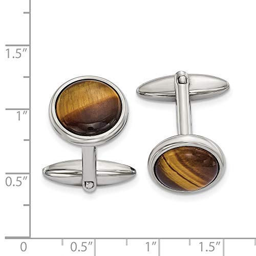 The Black Bow Stainless Steel & Brown Tiger's Eye Round Cuff Links, 16mm (5/8 Inch)2