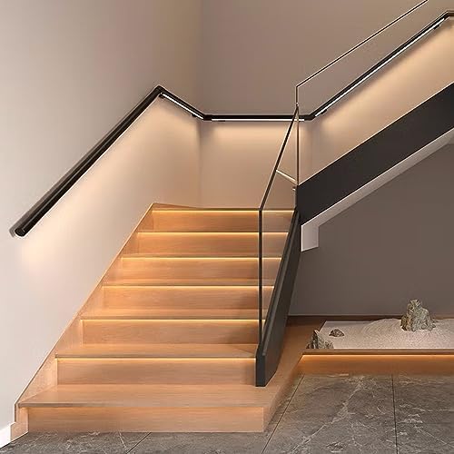 LED Handrails for Indoor Stairs, Illuminated Rustic Black Industrial Pipe Railing, 90° Corner Connector, Modern Handrail with LED Lighting for Enhanced Safety and Style