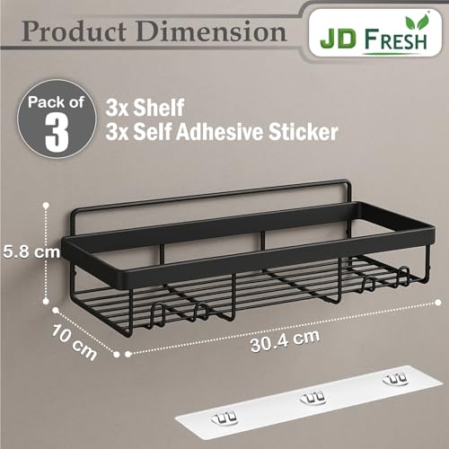 Image of JD FRESH Stainless-Steel Self-Adhesive Bathroom Organiser Without Drill /Bathroom Shelves with Magic Stickers /Wall Mounted Shower Caddy Shelf for Home Decor /Storage Rack for Kitchen - 3 Pack (Black)