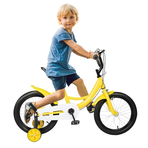 GIDRLL Bicicleta infantil de 16 pulgadas, bicicleta de altura ajustable para niños y niñas a partir de 4-6 años, con ruedas estabilizadoras y sistema de frenado dual (amarillo)
