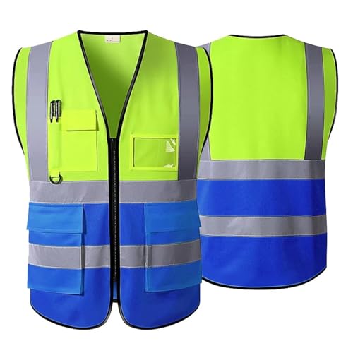 EXKURPOO Gilet securite Gilet de sécurité réfléchissant avec Fermeture éclair et Poches, vêtements de Travail de Construction(Yellow Blue)