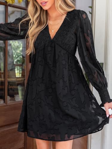 CUPSHE Women's Mini Fall Dress V Neck Long Sleeves Lace Smocked Casual Short A Line Wedding Guest Dress2