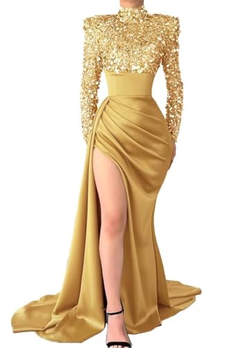 Sequin Sparkly Mermaid Prom Dresses Long Sleeve Satin High Neck Halter Evening Formal Party Gown with Slit 2024