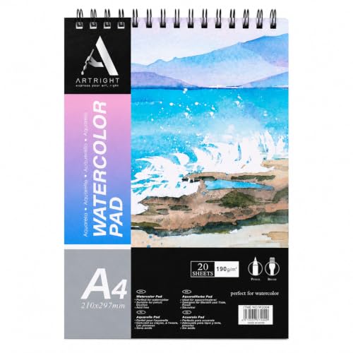 Image of ArtRight Artists' Watercolor Paper Pad A4 190 GSM - 20 Sheets of Handmade Rough Grain Water Colour Papers, Ideal for Artist, Professional Drawing, Painting Dry & Wet, Fine Art, School, Student, Watercolor