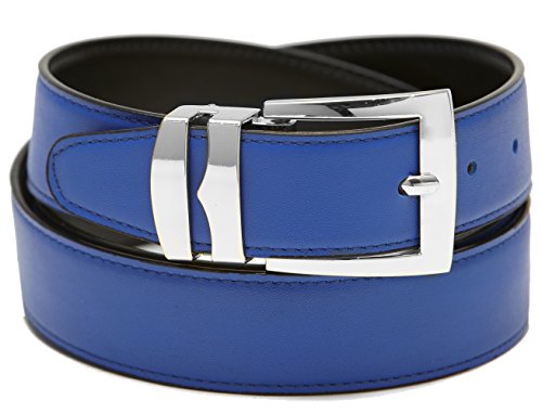 Men's Belt Reversible Wide Bonded Leather Silver-Tone Buckle ROYAL BLUE/Black