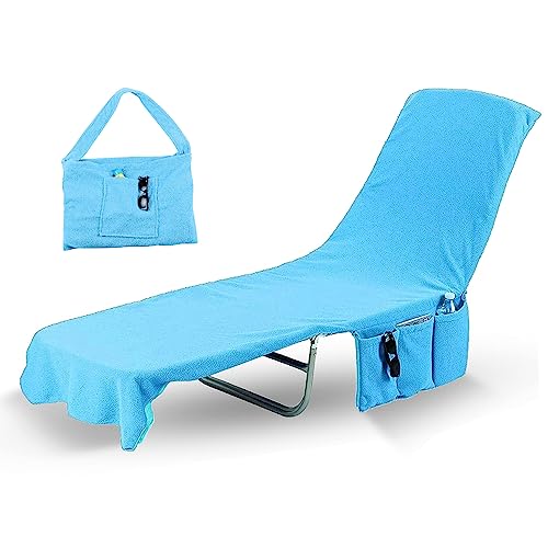 Kovot Beach Chair Towel Cover – Super Absorbent and Soft – Chaise Lounge Chair Towel Cover with Pockets – 84 x 26 Inches Light Blue Quick Drying Tanning Towel Cover