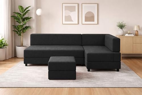 Image of Leg Sofa Cum Bed with Ottoman | Jute Fabric | Multipurpose Folding 3 Seater Sofa Bed 5x6 Ft for Living Room | Space Saving Furniture | Modern Design - Black