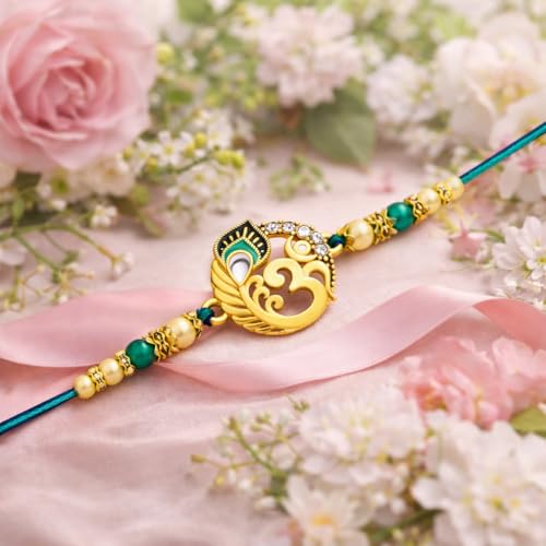 Image of Riddhika Ventures Alluring Gold Plated Om and Pearl Rakhi with Roli Chawal & Greeting Card for Men (P8)