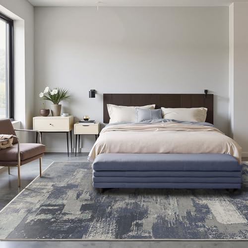 Area Rugs 8x10 for Living Room Bedroom, Modern Abstract Machine Washable Large Soft Navy Blue Rug, Low Pile Floor Carpet with Non Slip Backing for Dining Room, Harbor/Navy Blue