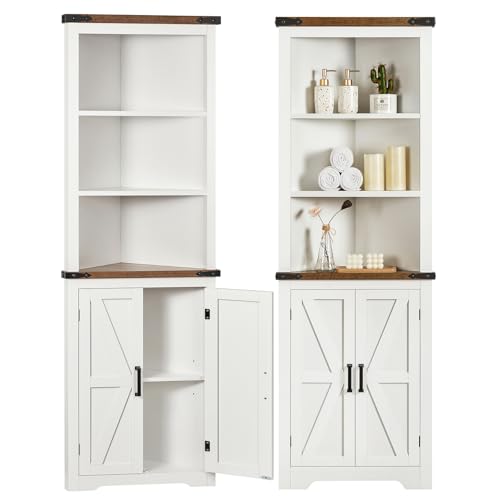 TEENFON Farmhouse Corner Cabinet, 70' H Tall Corner Hutch with 5 Shelves & 2 Barn Doors, Bathroom Cabinet with Adjustable Shelf, for Living Room, Kitchen, Bathroom, White
