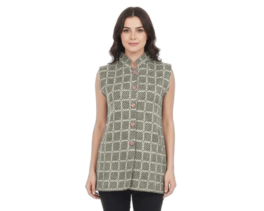 VAX VAX Women Premium Hair Yarn Sleeveless Winter Cardigan | Elegant Mandarin Collar Checked Sweater Vest | Longline Warm Winter Wear-image-17