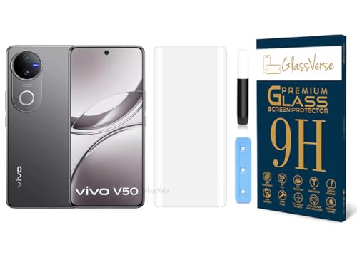 Image of GlassVerse Vivo V50 UV Tempered Glass Screen Protector. Pack Of 1 | 3D Curved Edge | 9H Hardness | Full UV Glue with UV Light | Anti-Scratch | Case Friendly | HD Clear. (6.77 Inches)