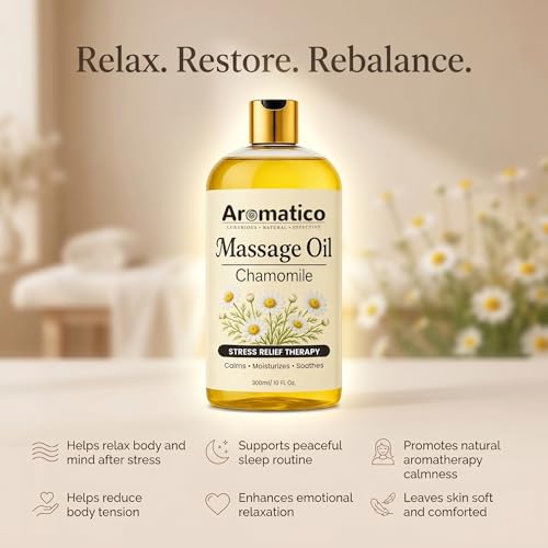 Image of AROMATICO Chamomile Massage Oil - Relaxing Aromatherapy Massage Oil with Almond & Jojoba for Stress Relief, Muscle Relaxing & Skin Nourishment | 300ml
