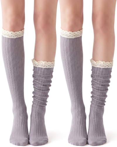 Image of Syhood Cotton Women thigh high socks with Lace Trim over the knee High Socks Boutique Lace Tall Boot Stockings for Women