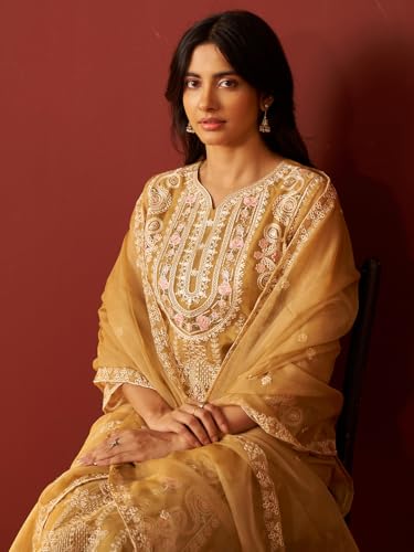 Image of INDO ERA Womens's Organza Floral Straight Fit Calf Length Kurta with Pant & Dupatta Set (IESTR10679)