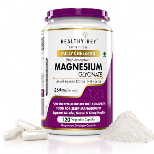 Image of HealthyHey Nutrition Magnesium Glycinate 14% Fully Chelated Supplement High Absorption for Sleep, Cramps, & Nerves Health - 120 Vegetable Capsules