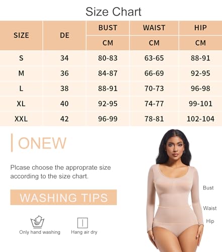 ONEW Damen Body Bauchweg Shapewear Bodysuit U-Ausschnitt Langarmbody Rundhals Unterhemd Butt Lifting Miederbody Body Shaper Beige S