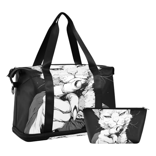 Cartoon Cute White Funny Cat Overnight Travel Duffel Bag Carry On Personal Item Bag with Adjustable Strap for Trip Multifunctional