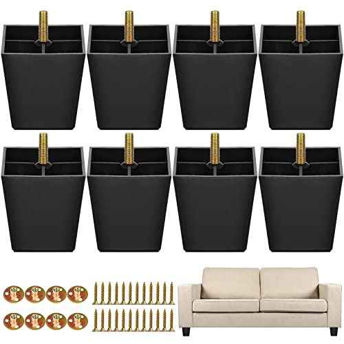 TURSTIN 8 Pack 3 Inch Furniture Legs Plastic Sofa Couch Legs Square Tapered Feet Sofa Legs with M8 T-Nuts Screws for Legs Sofas Chairs Cabinets Dressers Beds Black