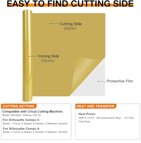 Image of HTVRONT HTV Heat Transfer Vinyl Roll- 12 inch x 8ft Gold HTV Vinyl for Shirts, Gold Iron on Vinyl for All Cutting Machine - Easy to Cut & Weed for Heat Transfer Design