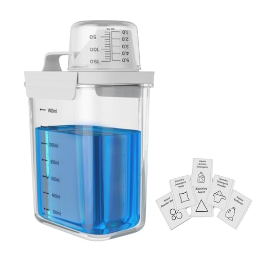 Anhow 1800ml Dispensador de Detergente, Dosificador Detergente Lavadora con Vaso Medidor Sin BPA con 6 Pegatinas de Categorías para Detergente y Detergente en Polvo - Transparente