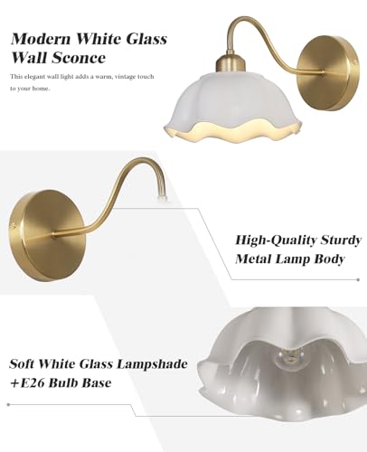 Image of Mid Century Modern Single Gold Wall Sconce Industrial Vintage Wall Mount Light Fixture Simple Rustic 1-Light Antique Brass Wall Sconce with White Glass Lampshade Retro Wall Lamps MWL02-1B