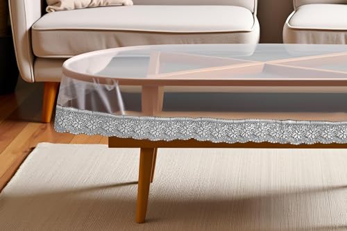 Image of The Furnishing Tree Oval Shaped Transparent Center Table Cover WxL 45x70 inches 0.25 mm Thickness with Silver Lace