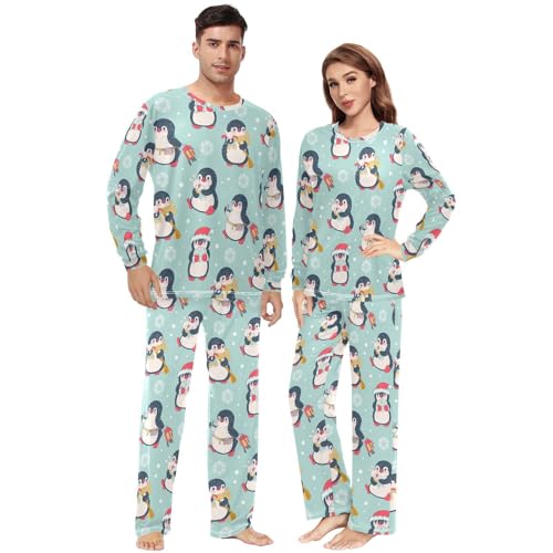 Couples Matching Pajama Sets Christmas Penguin Cartoon Two-piece Long Sleeve Sleepwear for Men & Women XXS-XXL