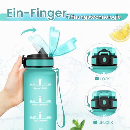KollyKolla Trinkflasche 1L, Sport Wasserflasche, Trinkflasche mit Strohhalm & Zeitmarkierung, Auslaufsicher, Ideal für Gym, Yoga, Camping… – Ansicht 3