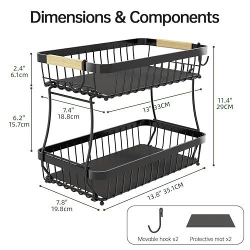 Fournine 2 Tier Fruit Bowl Basket with 2 Banana Hanger, 2026 Pro Detachable Kitchen Countertop Organizer for Fruits, Vegetables, Snacks, Metal Vegetable Storage Rack with Banana Holder, Black - Image 7