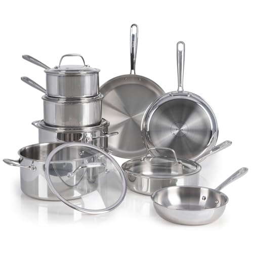 T-fal Pro Tri-Ply Stainless Steel Cookware Set 13 Piece, Induction Compatible Oven Safe 500F, Lids 350F, Fast & Even Heat, Professional Quality & Durability, Pots and Pans Set, Dishwasher Safe, Silver