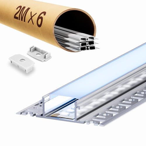 LASLUX Profilé Aluminium LED Encastrable 2m x 6, U Forme avec Diffuseur Laiteux, Kit d'Installation pour Ruban LED 20mm avec Embouts de Protection
